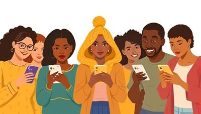 An illustrative image of a diverse group of individuals from underserved communities using the InclusiveFin app on their smartphones to access financial services and educational resources, showcasing empowerment and inclusion in finance.