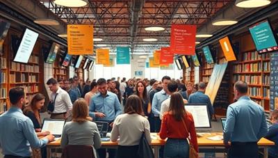 A bustling digital marketplace setting with writers and clients engaging in discussions, submitting bids, and exchanging content drafts, illustrating a vibrant hub of creative collaboration and professional networking.