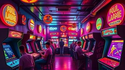 An artistic depiction of a vibrant retro arcade bar filled with neon lights, classic arcade machines, patrons enjoying drinks, and a lively atmosphere, evoking a sense of nostalgia and fun social gatherings.