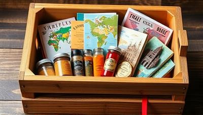 An image of a beautifully designed wooden crate filled with colorful and exotic items from different countries, such as spices, postcards, miniature landmarks, and travel journals, evoking a sense of wanderlust and discovery.