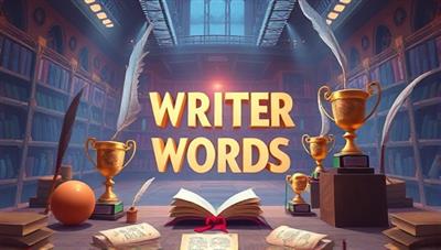 An artistic illustration of a digital arena where writers battle with words, surrounded by trophies, scrolls, and quills, symbolizing creativity, competition, and literary excellence in a virtual setting.