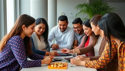 A diverse group of professionals engaged in a team-building exercise, sharing cultural traditions and experiences, symbolizing the collaborative and inclusive approach to cultural diversity training offered by the consultancy.