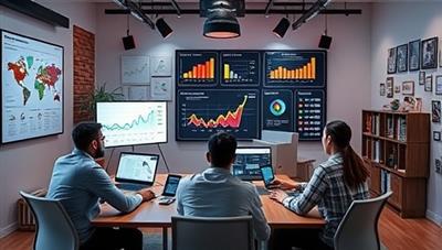 A dynamic virtual marketing war room setup with a team brainstorming marketing ideas, digital analytics on display screens, creative mood boards, and a virtual marketing campaign in progress, symbolizing virtual marketing strategy consultancy.