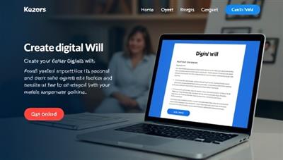 An interactive digital platform interface displaying a user creating their digital will, with legal documents and family photos in the background, symbolizing the seamless transition of personal assets and legacies in a secure online environment.