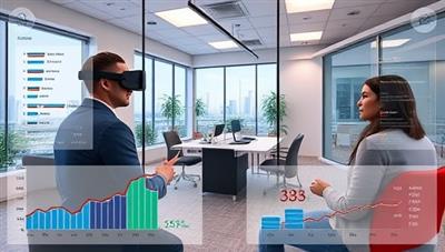 An immersive VR simulation environment showing a candidate interacting with a virtual interviewer in a lifelike office setting, with performance metrics and feedback displayed in real-time, illustrating the engaging and interactive nature of the training tool.
