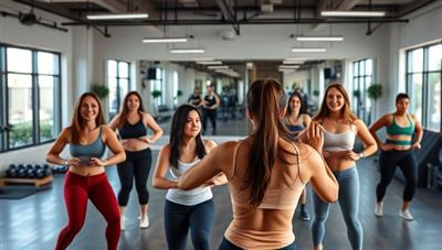 A dynamic and energetic virtual fitness class scene with a diverse group of participants following a trainer's lead onscreen, showcasing inclusivity and motivation.