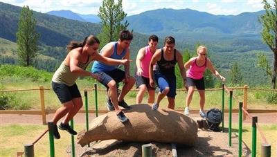 A group of participants overcoming obstacles and completing a fitness challenge in a scenic outdoor setting, showcasing teamwork, physical exertion, and a sense of accomplishment, capturing the essence of the fitness adventure challenge experience.