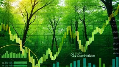 An artistic representation of a lush green forest with financial charts and graphs intertwined, symbolizing the harmonious blend of financial growth and environmental sustainability in GreenHorizon Investments.