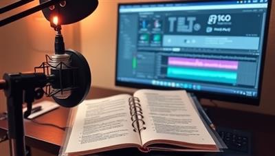 An image of a podcast studio setup with a microphone, headphones, script notes, and a computer screen displaying a podcast editing software interface, highlighting the professional and organized approach to podcast scriptwriting.