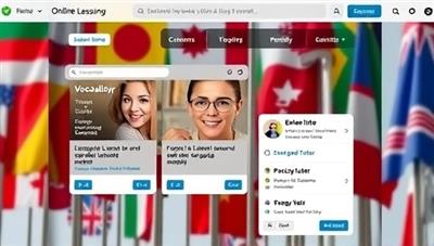 An online language learning platform interface showcasing interactive lessons, vocabulary exercises, and a virtual tutor chat feature, with diverse language flags in the background symbolizing linguistic diversity and global connectivity.