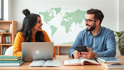 An engaging virtual meeting room setting with two people from different cultures having a language exchange session online, with language books and a world map in the background, symbolizing diversity and learning.