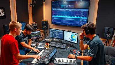 An artistic depiction of a virtual music studio with a diverse group of students collaborating on a music project, with digital audio workstations, MIDI controllers, and musical instruments in the background, highlighting creativity and innovation in music production education.