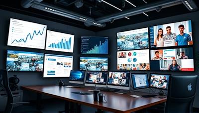 An innovative and dynamic digital workspace with screens displaying social media analytics, creative ad campaigns, and engaged customer interactions, symbolizing our cutting-edge approach to digital marketing strategy.