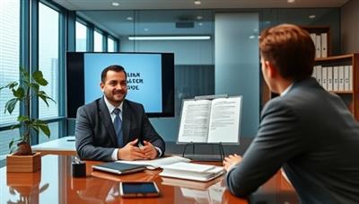 An image of a virtual legal consultation session, featuring a lawyer and a client on a video call, with legal documents displayed on the screen and a virtual background of a law office, illustrating the convenience and professionalism of remote legal services.