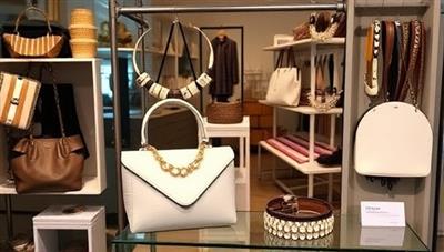 A stylish display of upcycled fashion accessories in a chic boutique setting, featuring trendy handbags, unique jewelry pieces, and elegant belts, highlighting the fusion of fashion and sustainability in reclaimed chic designs.