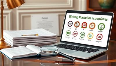 An elegant desk setup with writing portfolios neatly arranged, a magnifying glass for detailed review, and a laptop displaying positive feedback and industry recognition logos, signaling professionalism and expertise in portfolio assessment.