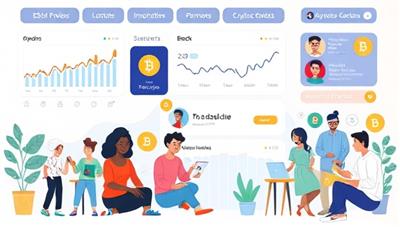 An illustration of a digital interface displaying various cryptocurrency trends and investment options, with a diverse group of people interacting with the platform on different devices, showcasing accessibility and inclusivity.