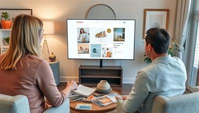 A sophisticated digital rendering of a virtual design consultation session, showing a designer sharing a mood board on a screen with a client, surrounded by swatches, fabric samples, and design magazines, reflecting creativity and collaboration in interior decor.