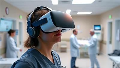A user wearing a VR headset exploring a virtual hospital environment, interacting with medical professionals and performing simulated tasks, illustrating the immersive and educational experience of CareerSphere VR.