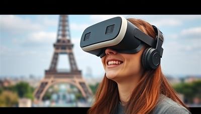 An individual wearing a VR headset, exploring a lifelike virtual representation of the Eiffel Tower in Paris, with a sense of wonder and excitement on their face, showcasing the immersive and engaging nature of the VR travel experience.