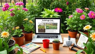 A virtual gardening club scene with plant pots, gardening tools, seed packets, and a laptop displaying a gardening tutorial, surrounded by lush greenery and blooming flowers, creating an inspiring and educational garden oasis in a digital realm.