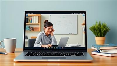 An online tutoring session depicted on a laptop screen, showing a student and a tutor engaged in a virtual lesson, with study materials and a whiteboard visible in the background, illustrating the personalized learning experience offered by TutorMatch Pro.