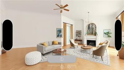 An interactive AR/VR interface showing a virtual room transformation from empty to fully staged with elegant furniture and decor, demonstrating the platform's potential to enhance property listings.