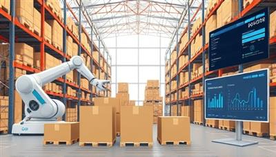 An illustration showcasing a warehouse interior with automated robotic arms moving boxes, IoT devices monitoring inventory levels, and a data analytics dashboard displaying real-time insights, symbolizing efficiency and technology integration.