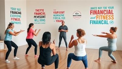 A dynamic studio setting with individuals participating in a group financial fitness session, led by a coach demonstrating financial exercises and strategies, surrounded by motivational quotes and visuals promoting financial well-being and empowerment.