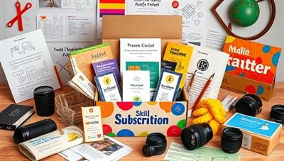 An enticing display of a colorful subscription box filled with various skill-enhancing materials and tools, surrounded by creative works like sketches, code snippets, recipe cards, and camera lenses, evoking a sense of curiosity and inspiration.