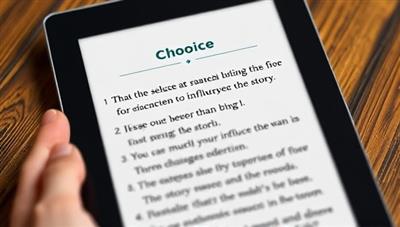 An e-reader screen displaying a choice selection moment in an interactive e-book, with options branching out and illustrating the reader's ability to influence the story, creating an engaging and interactive reading experience.
