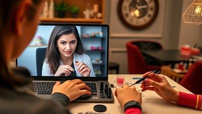 An online nail art masterclass in session, featuring a professional nail artist demonstrating intricate nail designs on a live video call with participants practicing along, creating a vibrant and creative atmosphere of learning and artistry.