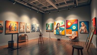 A virtual art gallery setting within ArtVibe Studio, showcasing diverse artworks, interactive art installations, and digital workshops, creating a dynamic and immersive space for artistic exploration and creative expression.