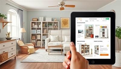 A digital mockup of a cluttered room transforming into a beautifully organized space through virtual home organization consultancy, with interactive design tools and storage solutions displayed on a tablet screen, highlighting the transformative impact of the service.