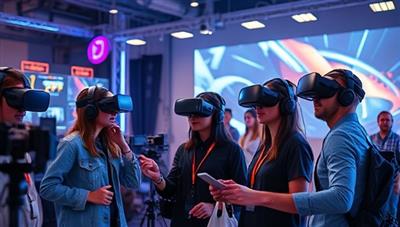 A team of VR developers and designers immersed in creating a futuristic virtual world, surrounded by VR headsets, motion capture equipment, and digital design tools, capturing the essence of innovation and creativity.