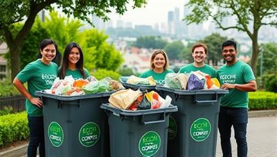 A cheerful team of EcoCycle Compost workers in branded uniforms collecting overflowing bins of organic waste from smiling households, with lush green gardens and a city skyline in the background, showcasing the eco-friendly and community-driven nature of the service.