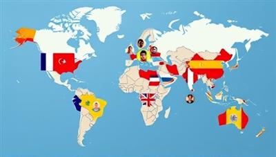 An interactive global map showcasing language flags and user profiles connecting across different continents for language exchange sessions, symbolizing cultural diversity, communication, and language learning opportunities.