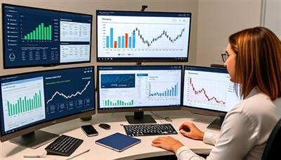A professional digital workspace featuring financial tools, calculators, investment charts, and budgeting spreadsheets on multiple screens, with a financial coach providing personalized advice to a client, creating an environment of financial empowerment and wealth building at WealthWise Virtual.