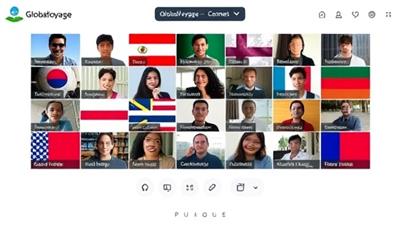 An interactive language exchange session on GlobalVoyage Connect featuring users from different countries conversing in various languages, sharing cultural insights, and fostering a global community of language learners and cultural enthusiasts.