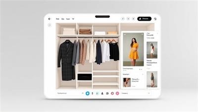 A sleek digital platform interface displaying a virtual closet with various clothing items and style suggestions, all presented in a visually appealing and user-friendly design.