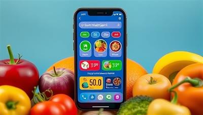 An artistic representation of a smartphone with the MealGenie AI app open, displaying colorful meal options and nutritional information, surrounded by fresh fruits and vegetables, conveying health and innovation.