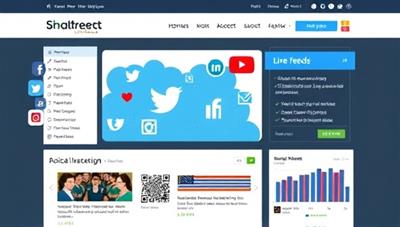 An interactive website interface displaying social media icons, live feeds, and engagement metrics seamlessly integrated into the design, showcasing the connectivity and dynamic features offered by SocialWeb Connect.