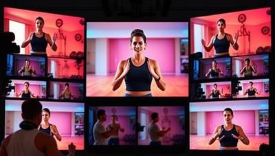 A vibrant and energetic virtual workout session displayed on multiple screens, showing participants following along with a fitness coach, showcasing motivation and inclusivity in fitness.