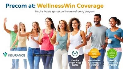 An engaging graphic featuring a diverse group of individuals participating in various wellness activities like yoga, running, and healthy cooking, alongside insurance logos and reward icons symbolizing the integration of health and wellness incentives in the WellnessWin Coverage program, inspiring a holistic approach to insurance and well-being.