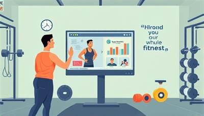 A dynamic illustration of a virtual fitness coach guiding a user through a workout via a screen, with motivational quotes and fitness equipment in the background, conveying energy and progress.