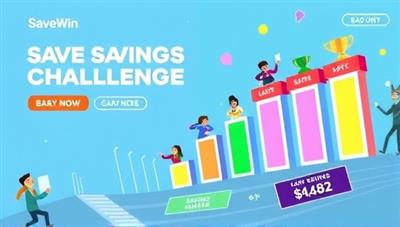 An animated graphic depicting a competitive savings challenge on the SaveWin platform, with user avatars racing towards savings goals, colorful progress bars, and virtual rewards, conveying a sense of excitement and camaraderie in the digital savings competition.