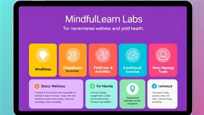 A vibrant digital interface displaying the MindfulLearn Labs curriculum, with colorful icons representing mindfulness activities, emotional intelligence exercises, and stress management tools, conveying a holistic approach to student wellness and mental health education.