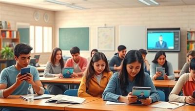 An artistic visualization of a virtual classroom setting, with a diverse group of students interacting with personalized AI tutors on their devices, showcasing the dynamic and tailored learning experiences facilitated by EduMentor Connect, emphasizing the individualized approach to education.