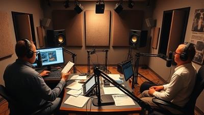 A creative studio setting with sound engineers, voice actors, and writers working together in a state-of-the-art recording booth, surrounded by sound equipment and scripts, capturing the essence of professional podcast creation and storytelling.