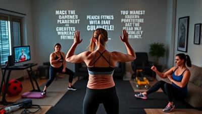 An energetic workout session led by a virtual fitness coach, with participants following the exercises from their homes, surrounded by motivational quotes and fitness equipment, creating a dynamic and engaging virtual fitness experience.
